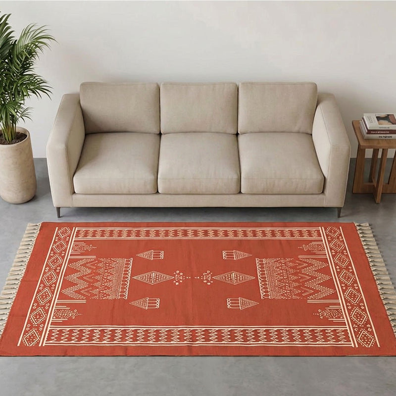 Cotton Floor Rug for Living Room and Bedroom handprinted in Jaipuri Mandana Diamond Hut Design, Rust brown colour| Soft Washable Area Rug