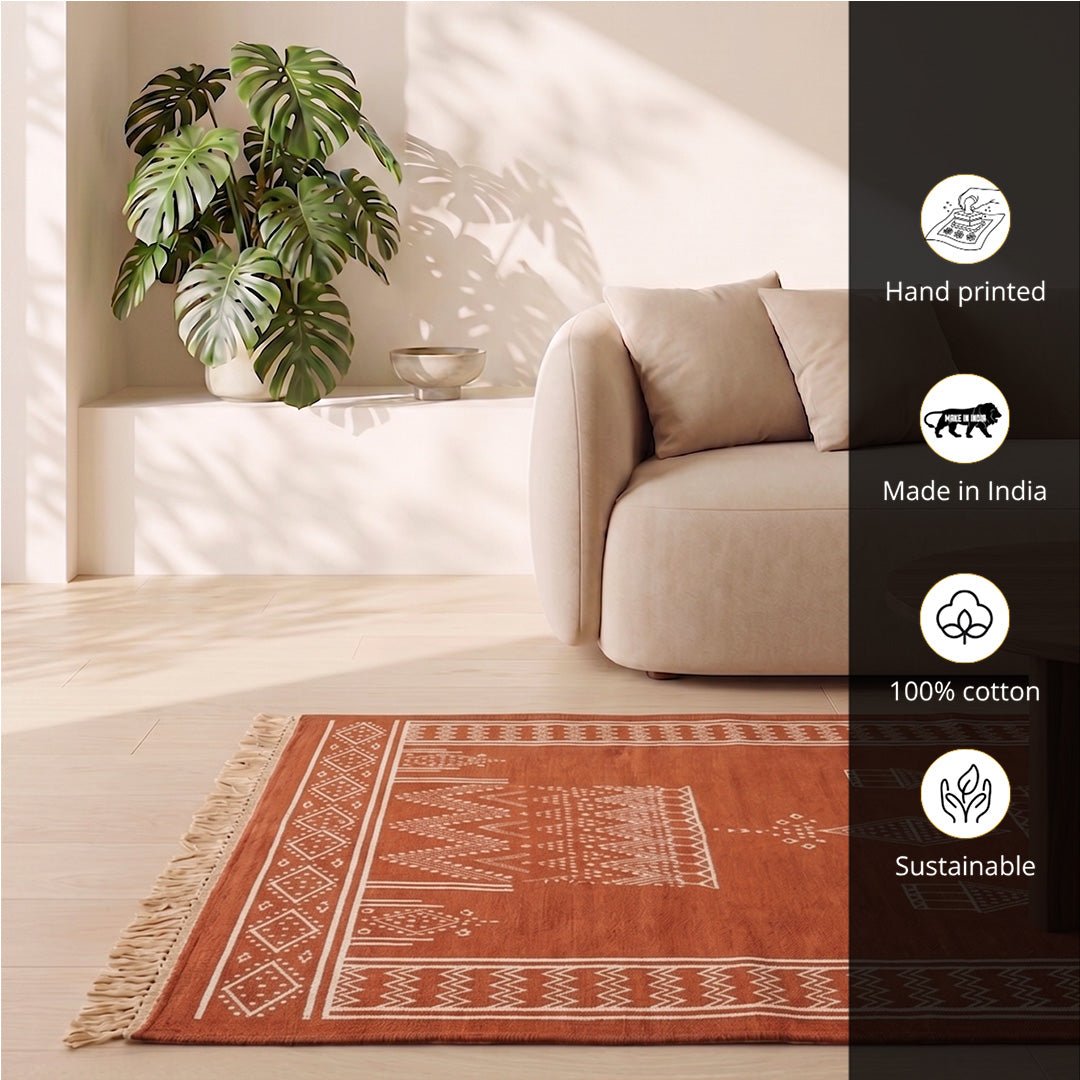 Cotton Floor Rug for Living Room and Bedroom handprinted in Jaipuri Mandana Diamond Hut Design, Rust brown colour| Soft Washable Area Rug