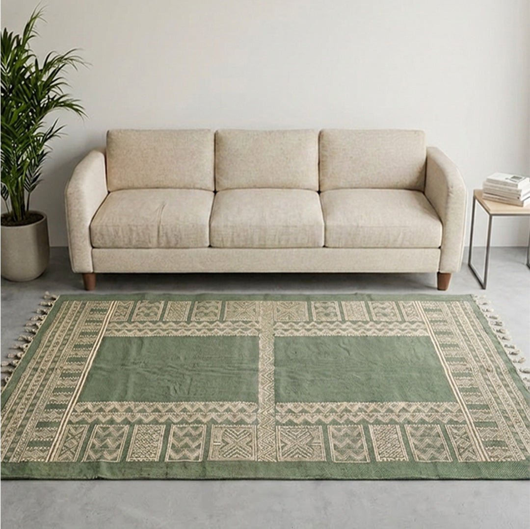 Cotton Floor Rug for Living Room and Bedroom handprinted in Jaipuri Olive Green design| Soft Washable Area Rug
