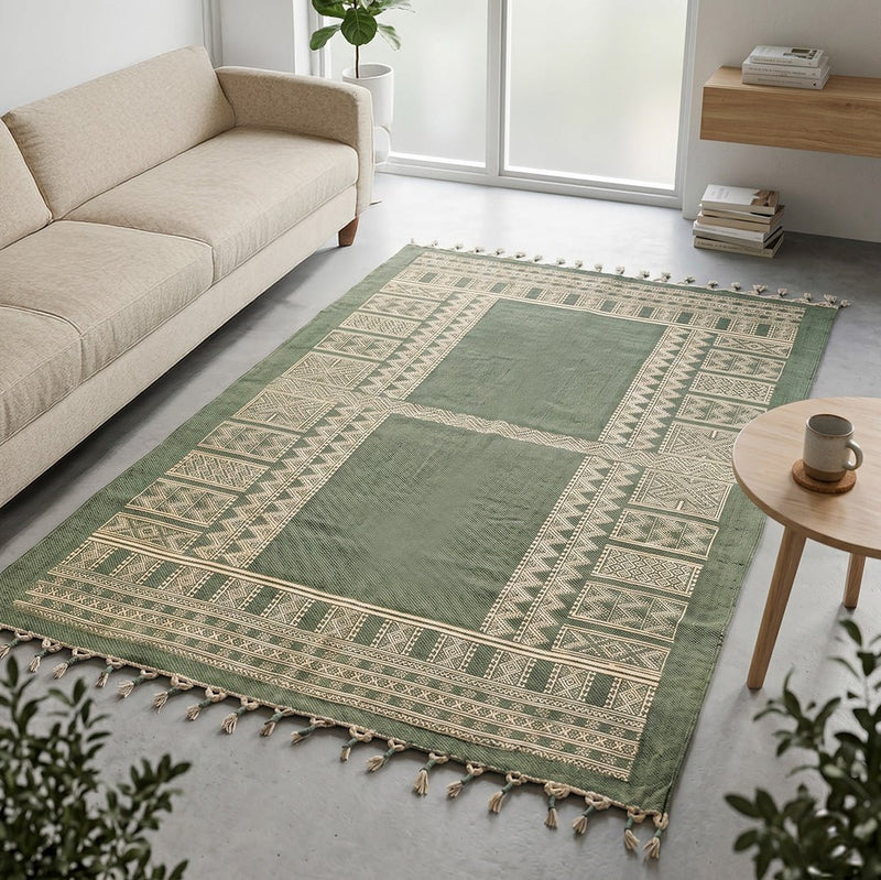 Cotton Floor Rug for Living Room and Bedroom handprinted in Jaipuri Olive Green design| Soft Washable Area Rug