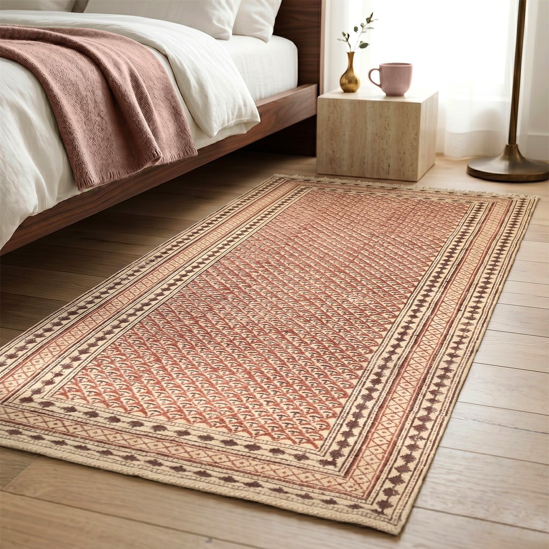 Cotton Floor Rug for Living Room and Bedroom handprinted in Maroon and Black Colour| Soft Washable Area Rug