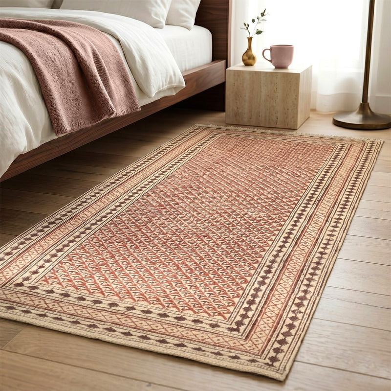 Cotton Floor Rug for Living Room and Bedroom handprinted in Maroon and Black Colour| Soft Washable Area Rug