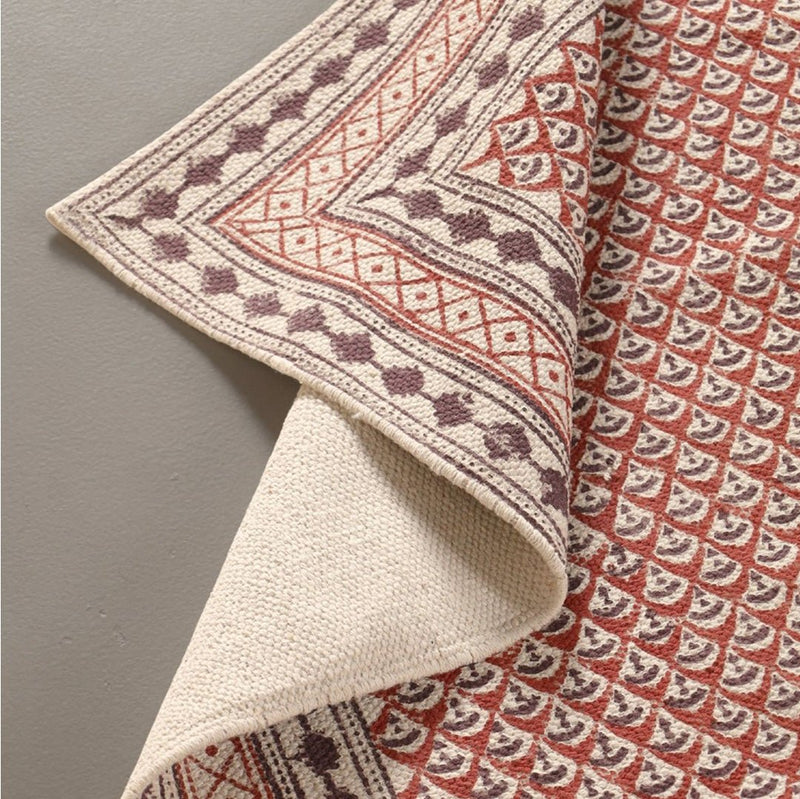 Cotton Floor Rug for Living Room and Bedroom handprinted in Maroon and Black Colour| Soft Washable Area Rug