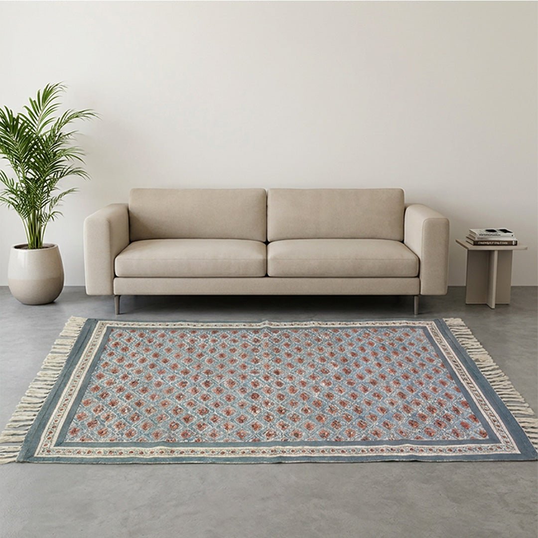 Cotton Floor Rug hand block printed in Blue and Dusty Pink Colours with a Floral Design for Living Room and Bedroom| Soft Washable Area Rug