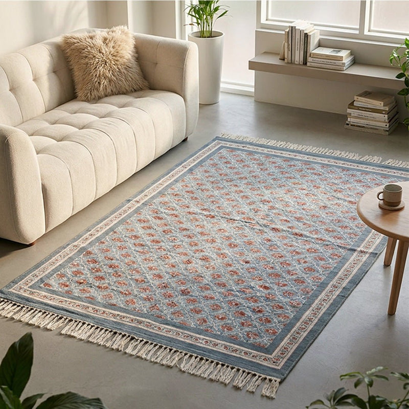 Cotton Floor Rug hand block printed in Blue and Dusty Pink Colours with a Floral Design for Living Room and Bedroom| Soft Washable Area Rug