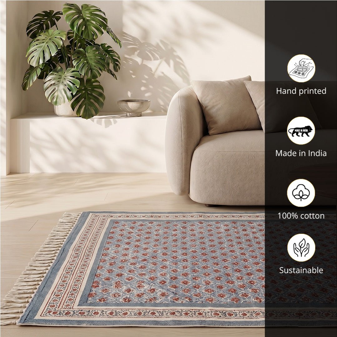 Cotton Floor Rug hand block printed in Blue and Dusty Pink Colours with a Floral Design for Living Room and Bedroom| Soft Washable Area Rug