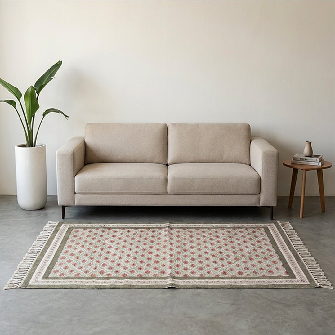Cotton Floor Rug hand block printed in Green and Dusty Pink Colours with a Floral Design for Living Room and Bedroom| Soft Washable Area Rug