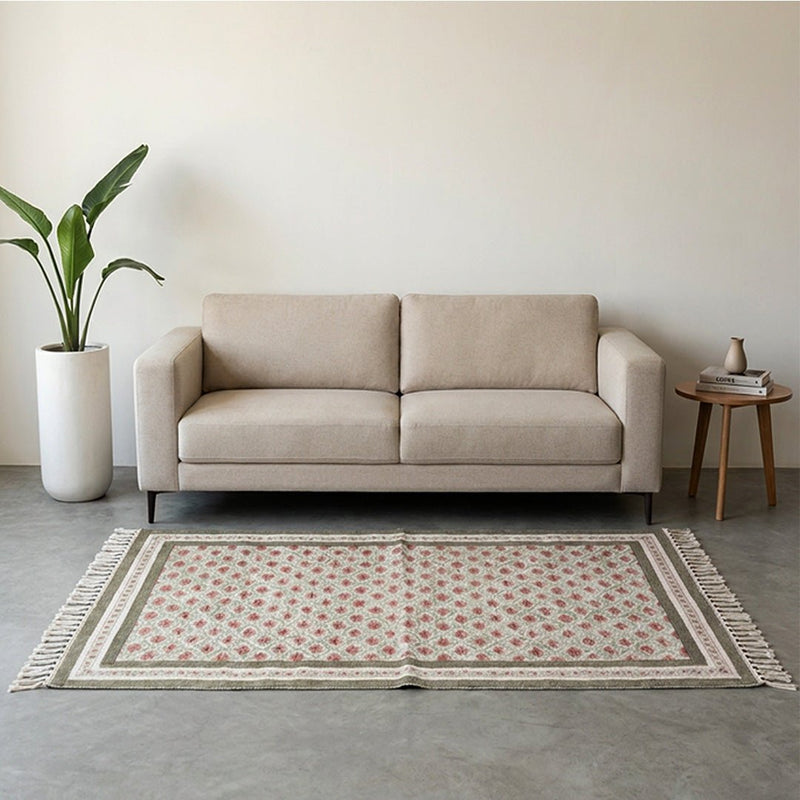 Cotton Floor Rug hand block printed in Green and Dusty Pink Colours with a Floral Design for Living Room and Bedroom| Soft Washable Area Rug