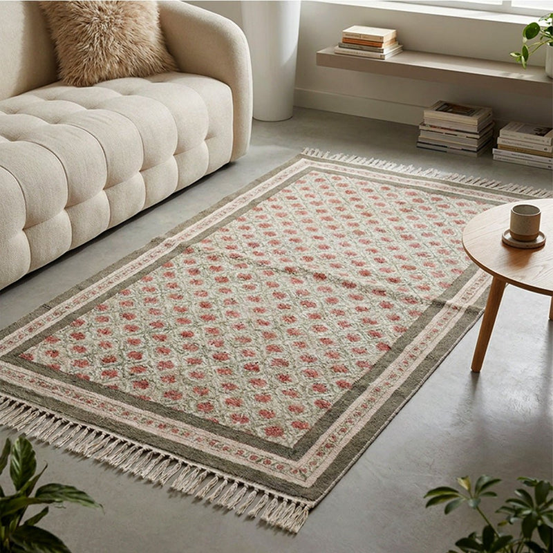 Cotton Floor Rug hand block printed in Green and Dusty Pink Colours with a Floral Design for Living Room and Bedroom| Soft Washable Area Rug
