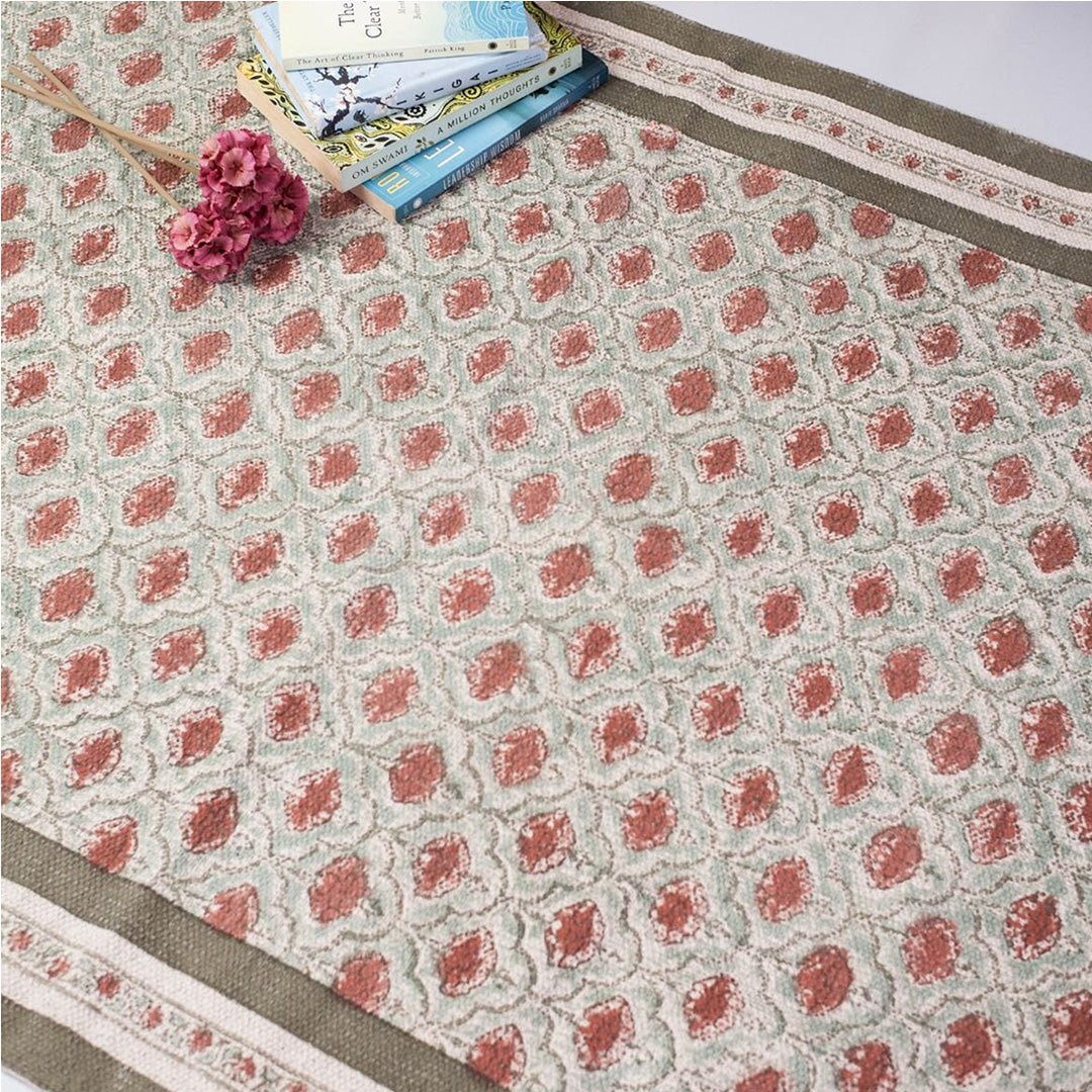 Cotton Floor Rug hand block printed in Green and Dusty Pink Colours with a Floral Design for Living Room and Bedroom| Soft Washable Area Rug