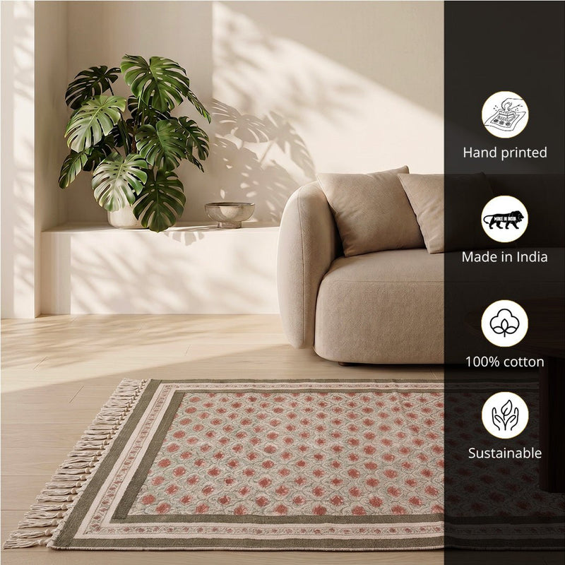 Cotton Floor Rug hand block printed in Green and Dusty Pink Colours with a Floral Design for Living Room and Bedroom| Soft Washable Area Rug