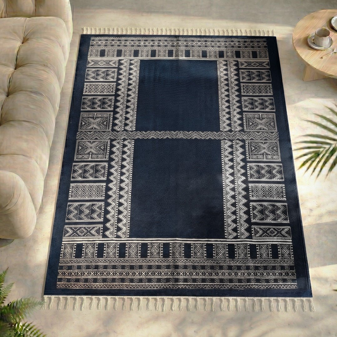 Cotton Floor Rug handprinted in Jaipuri Dark Blue design for Living Room and Bedroom | Soft Washable Area Rug
