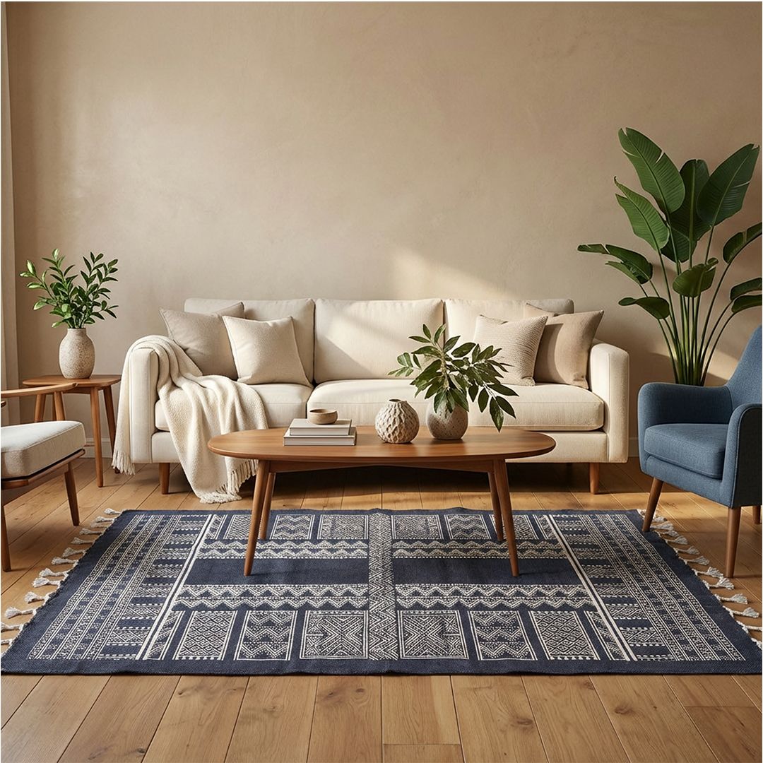 Cotton Floor Rug handprinted in Jaipuri Dark Blue design for Living Room and Bedroom | Soft Washable Area Rug