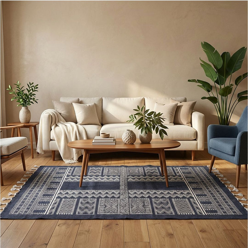 Cotton Floor Rug handprinted in Jaipuri Dark Blue design for Living Room and Bedroom | Soft Washable Area Rug