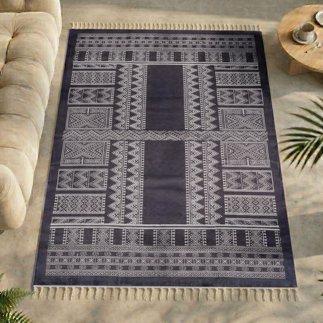 Cotton Floor Rug handprinted in Jaipuri Dark Blue design for Living Room and Bedroom | Soft Washable Area Rug