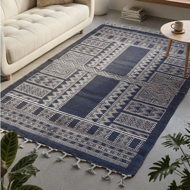 Cotton Floor Rug handprinted in Jaipuri Dark Blue design for Living Room and Bedroom | Soft Washable Area Rug