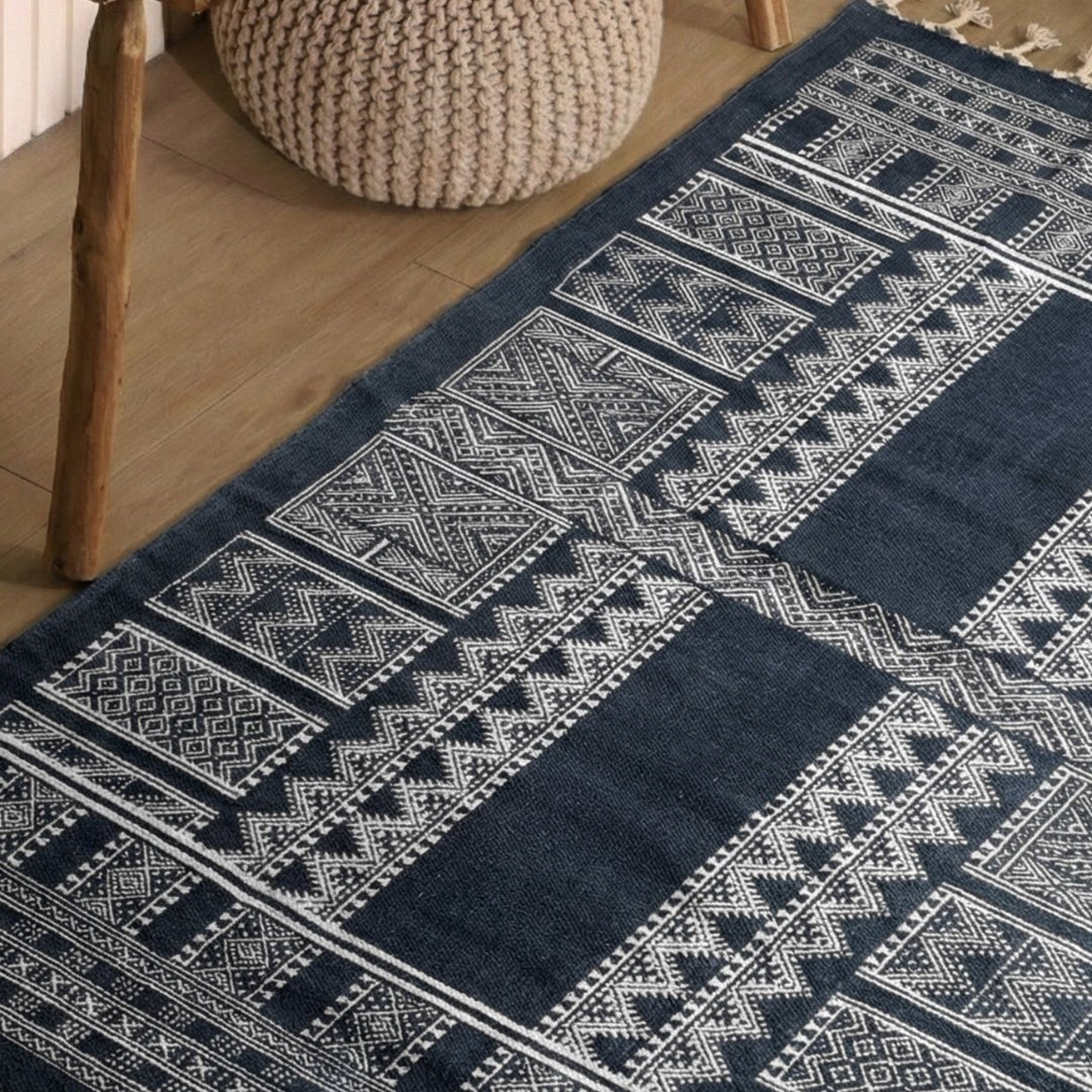 Cotton Floor Rug handprinted in Jaipuri Dark Blue design for Living Room and Bedroom | Soft Washable Area Rug