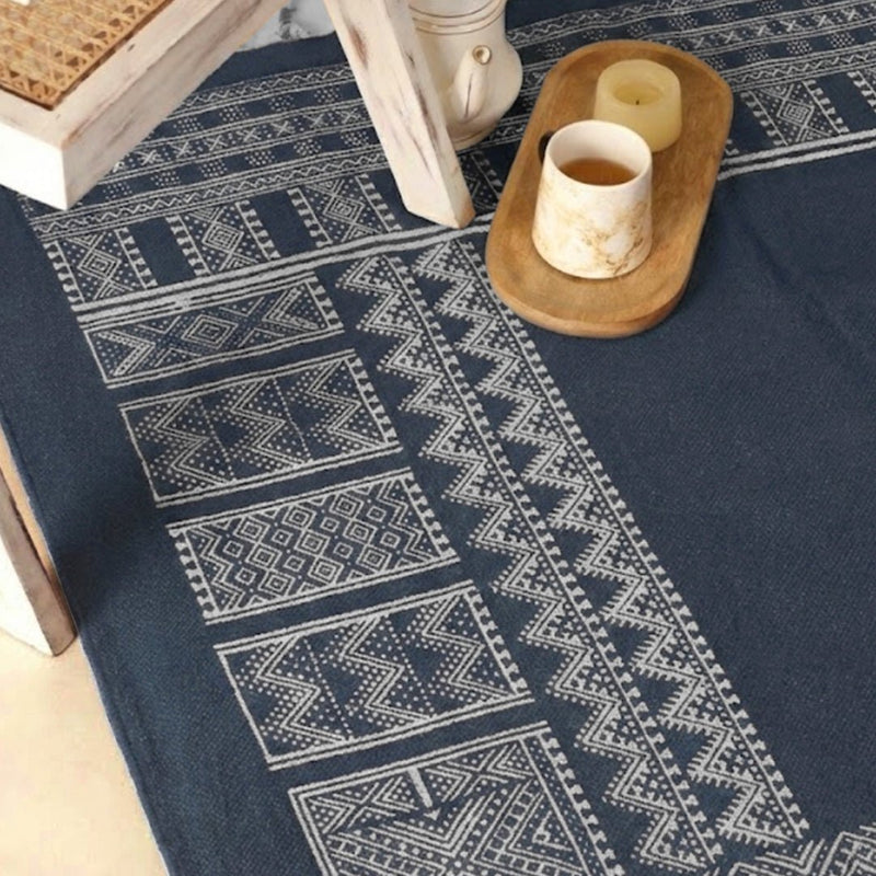 Cotton Floor Rug handprinted in Jaipuri Dark Blue design for Living Room and Bedroom | Soft Washable Area Rug
