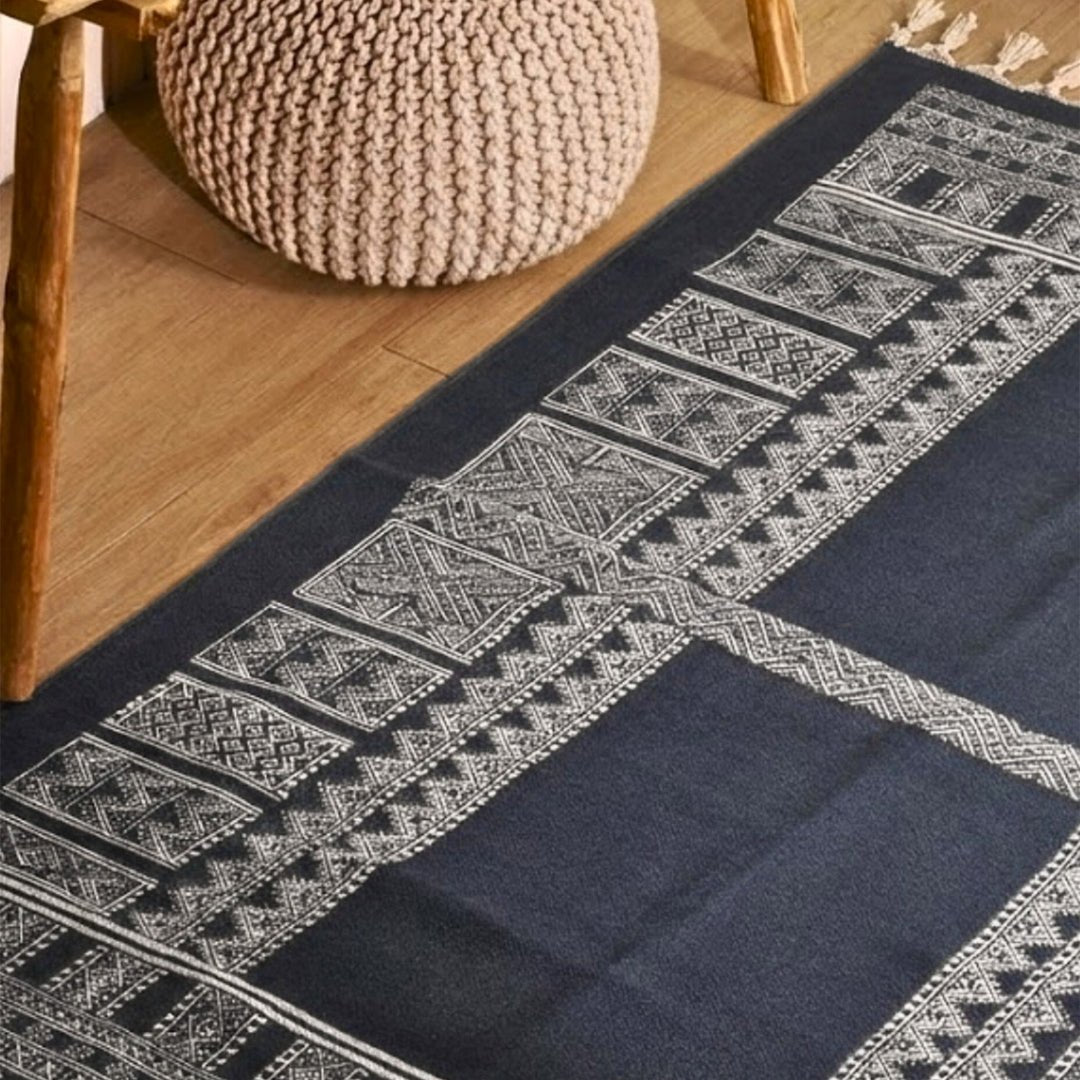 Cotton Floor Rug handprinted in Jaipuri Dark Blue design for Living Room and Bedroom | Soft Washable Area Rug