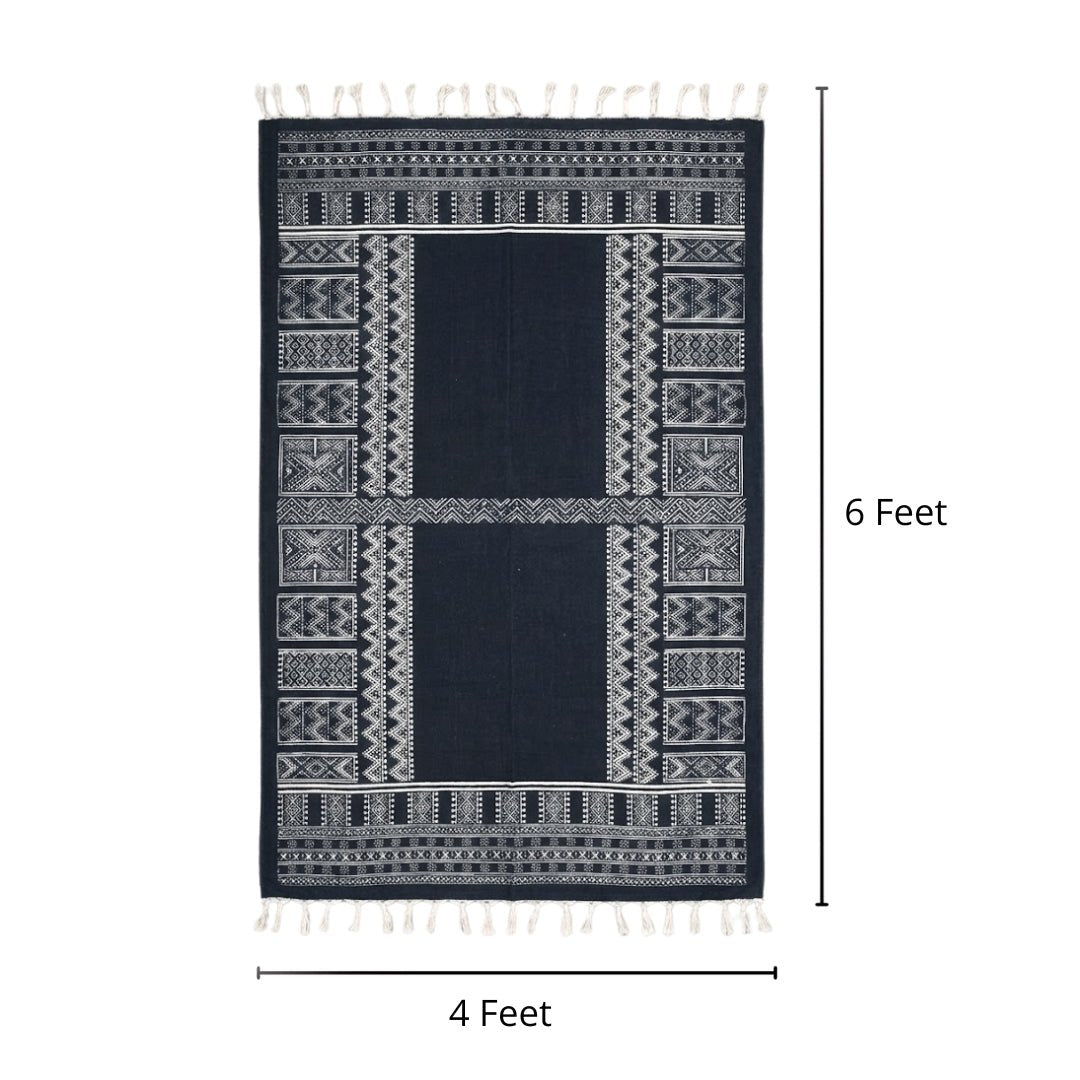 Cotton Floor Rug handprinted in Jaipuri Dark Blue design for Living Room and Bedroom | Soft Washable Area Rug