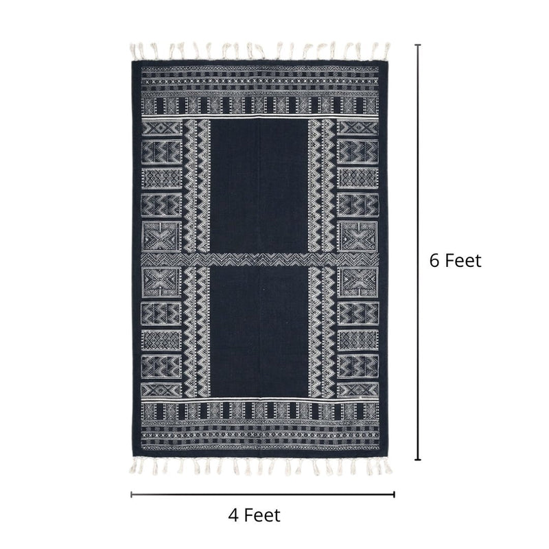 Cotton Floor Rug handprinted in Jaipuri Dark Blue design for Living Room and Bedroom | Soft Washable Area Rug