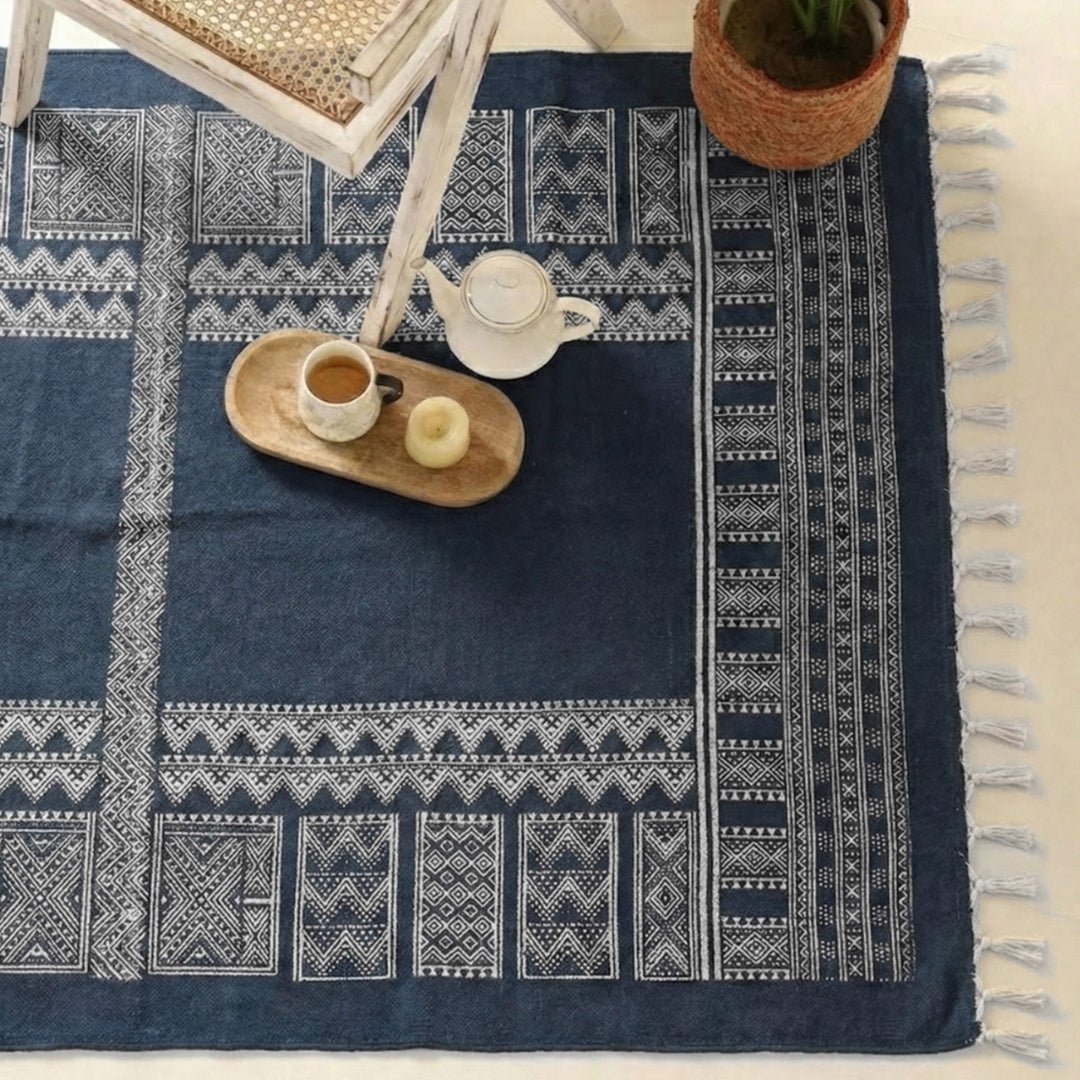 Cotton Floor Rug handprinted in Jaipuri Dark Blue design for Living Room and Bedroom | Soft Washable Area Rug