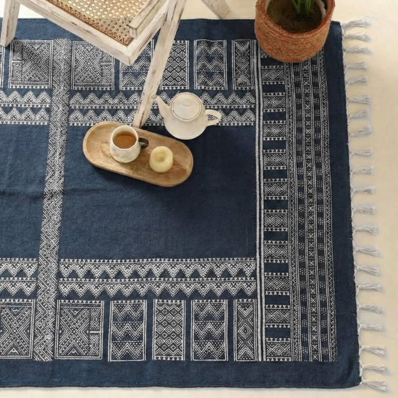 Cotton Floor Rug handprinted in Jaipuri Dark Blue design for Living Room and Bedroom | Soft Washable Area Rug