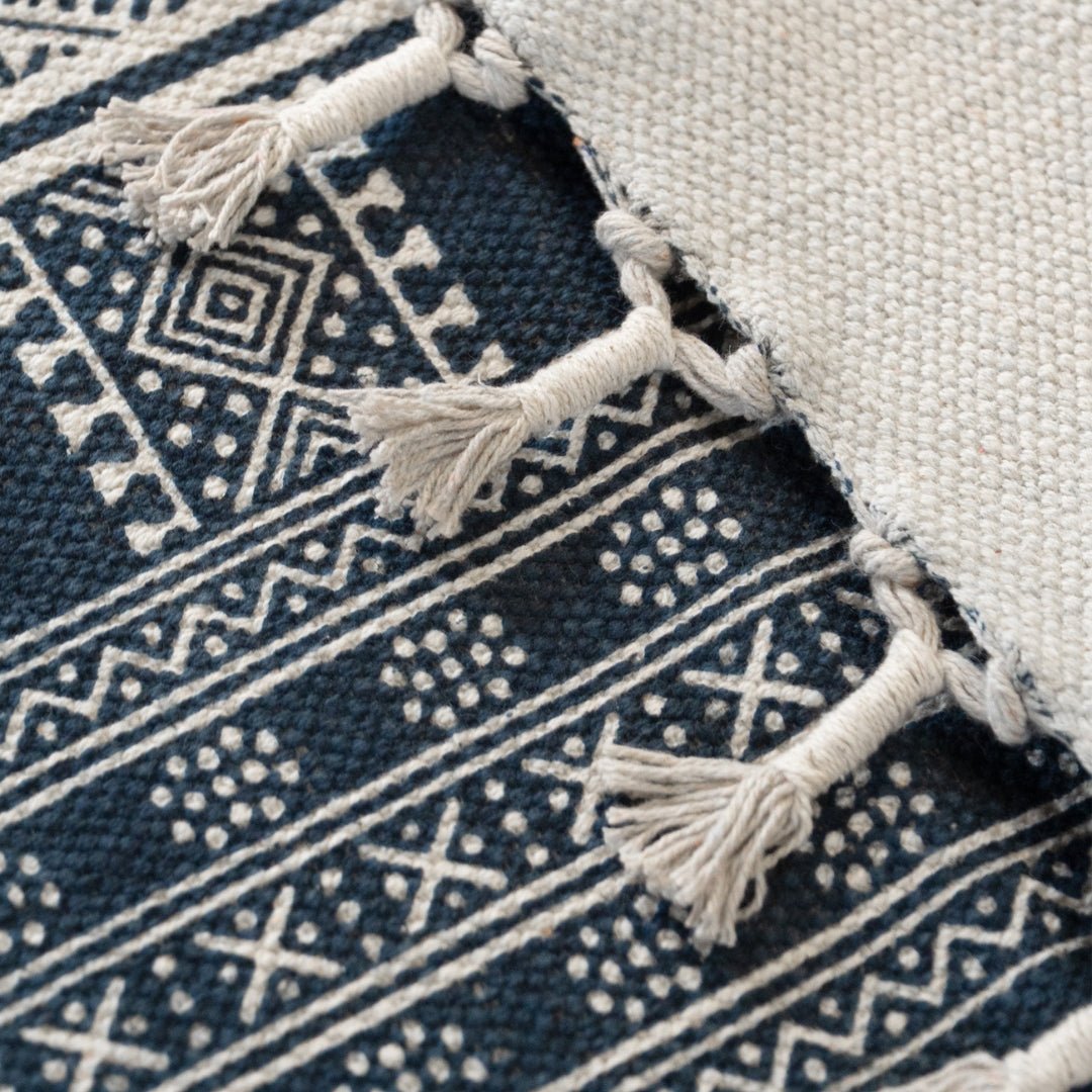 Cotton Floor Rug handprinted in Jaipuri Dark Blue design for Living Room and Bedroom | Soft Washable Area Rug