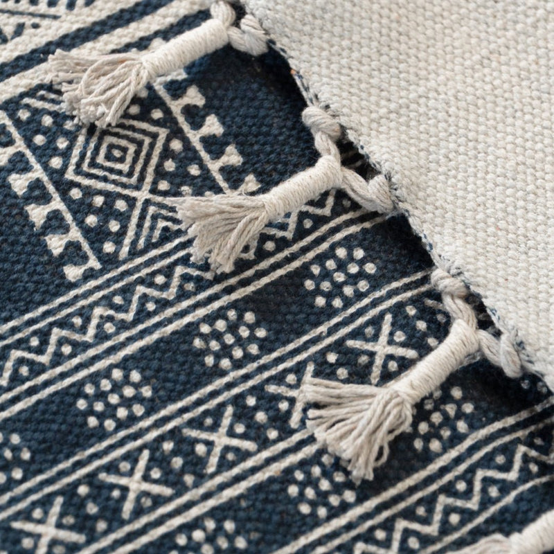 Cotton Floor Rug handprinted in Jaipuri Dark Blue design for Living Room and Bedroom | Soft Washable Area Rug