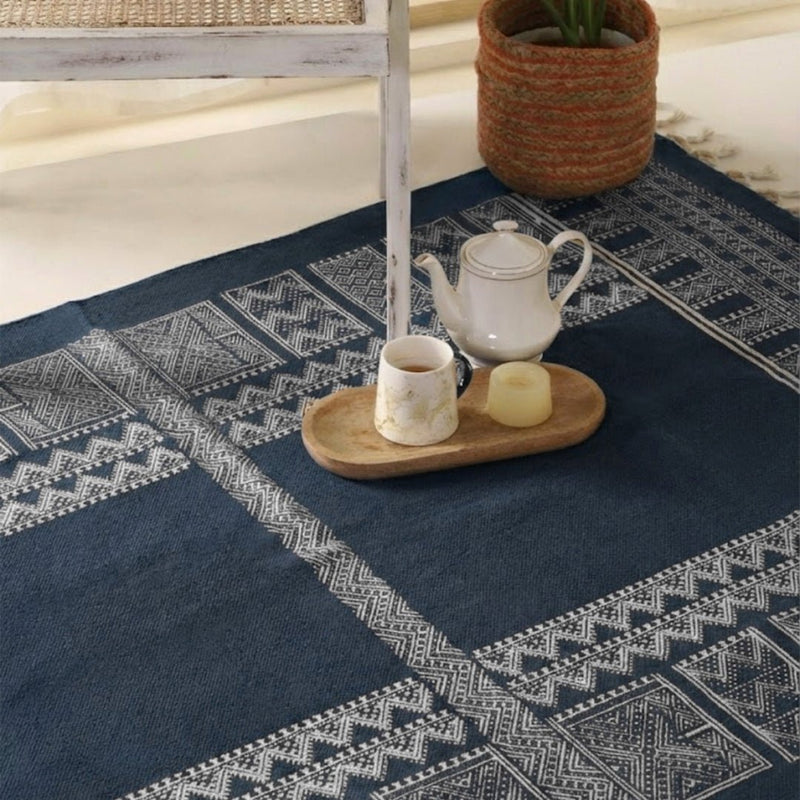 Cotton Floor Rug handprinted in Jaipuri Dark Blue design for Living Room and Bedroom | Soft Washable Area Rug