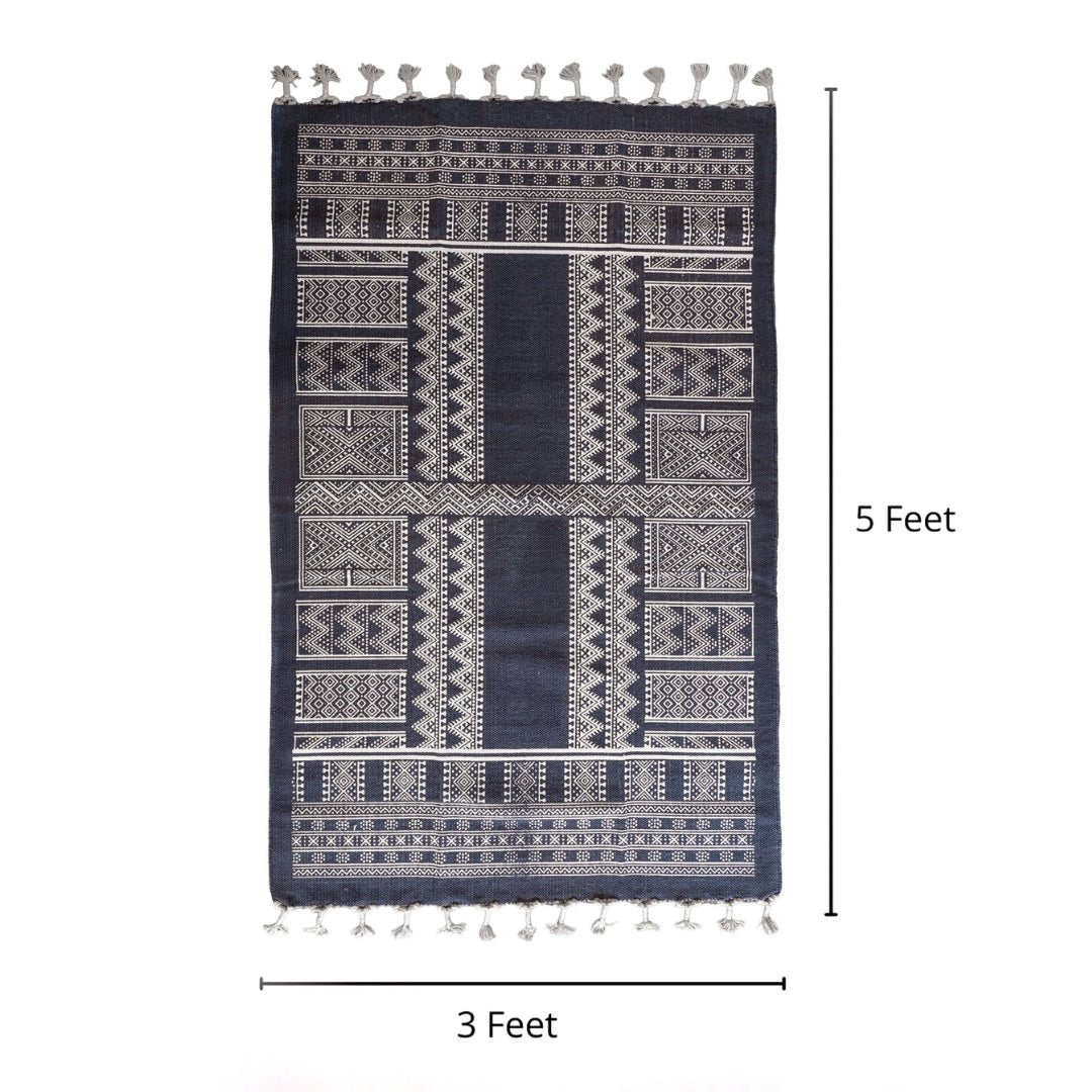Cotton Floor Rug handprinted in Jaipuri Dark Blue design for Living Room and Bedroom | Soft Washable Area Rug