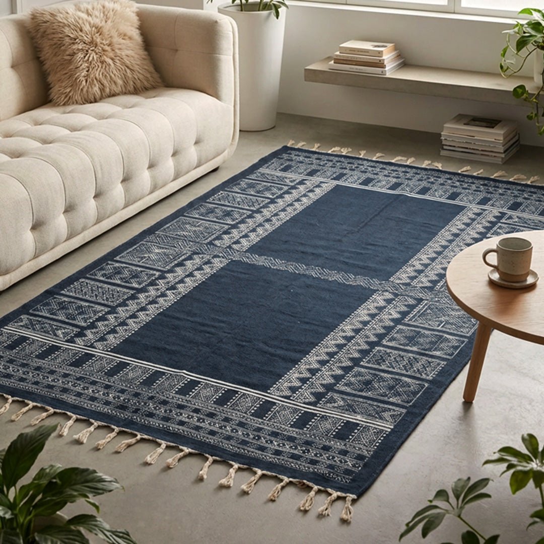 Cotton Floor Rug handprinted in Jaipuri Dark Blue design for Living Room and Bedroom | Soft Washable Area Rug