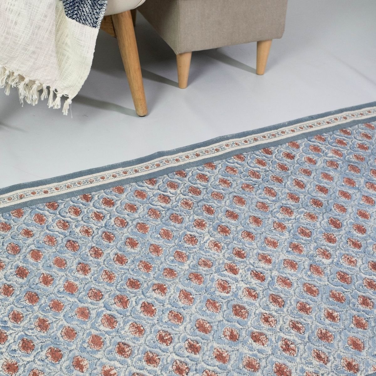 Cotton Floor Rug hand block printed in Blue and Dusty Pink Colours with a Floral Design for Living Room and Bedroom| Soft Washable Area Rug