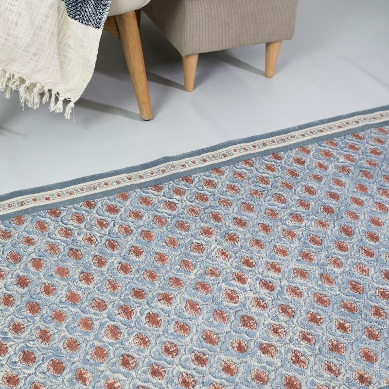 Cotton Floor Rug hand block printed in Blue and Dusty Pink Colours with a Floral Design for Living Room and Bedroom| Soft Washable Area Rug