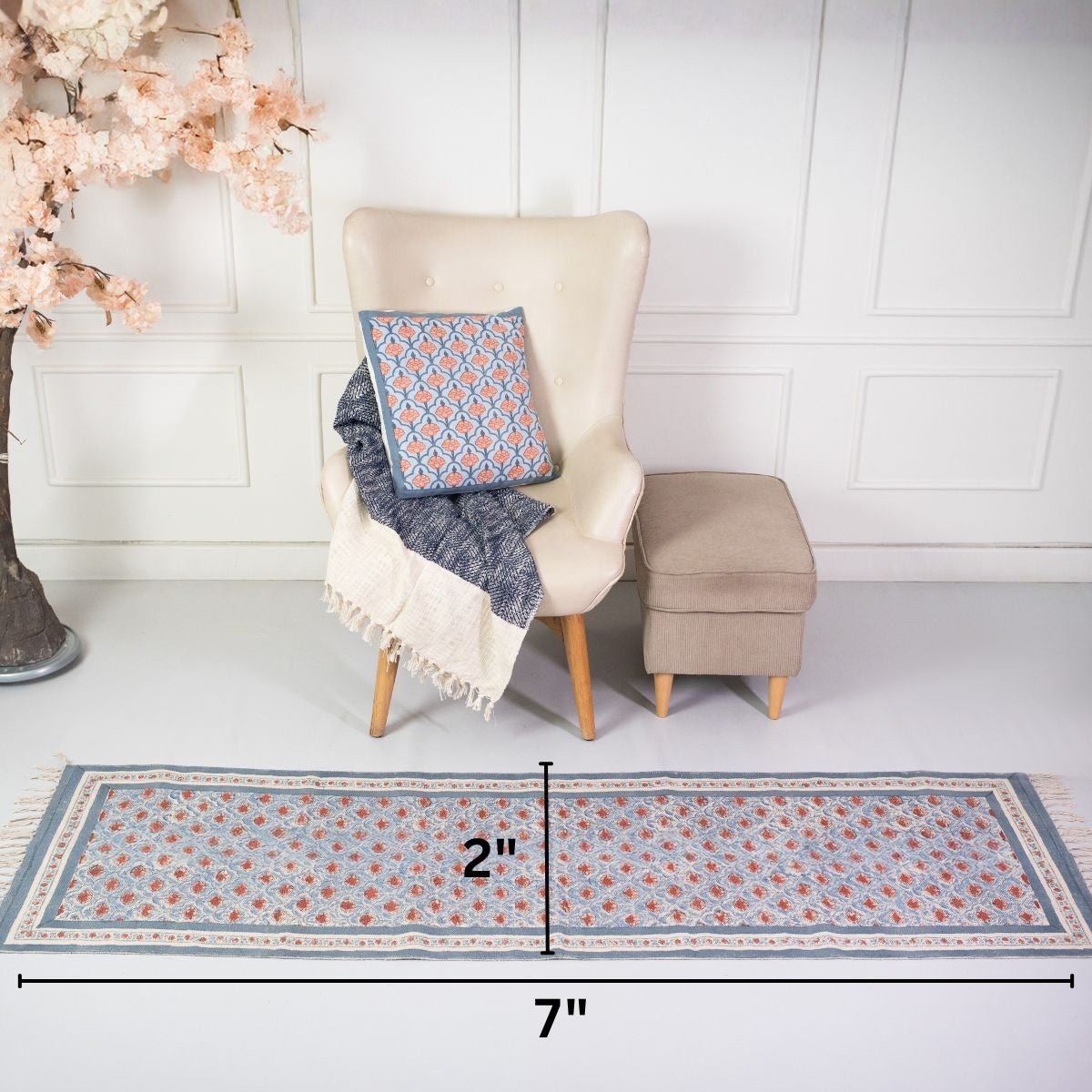 Cotton Floor Rug hand block printed in Blue and Dusty Pink Colours with a Floral Design for Living Room and Bedroom| Soft Washable Area Rug