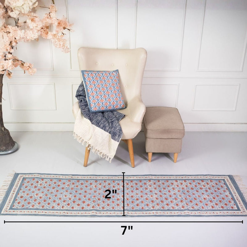 Cotton Floor Rug hand block printed in Blue and Dusty Pink Colours with a Floral Design for Living Room and Bedroom| Soft Washable Area Rug