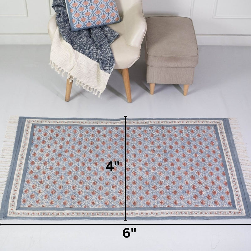 Cotton Floor Rug hand block printed in Blue and Dusty Pink Colours with a Floral Design for Living Room and Bedroom| Soft Washable Area Rug