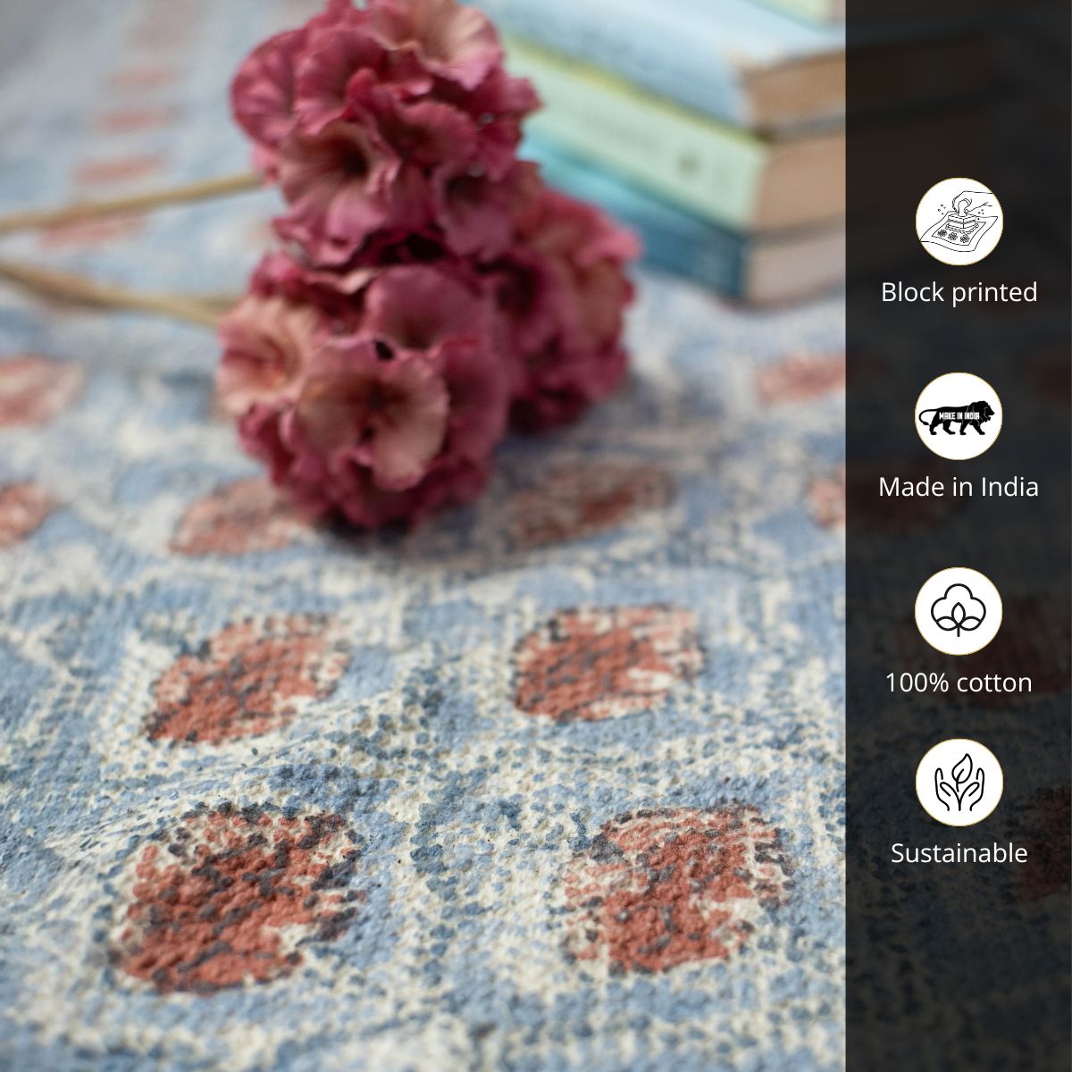 Cotton Floor Rug hand block printed in Blue and Dusty Pink Colours with a Floral Design for Living Room and Bedroom| Soft Washable Area Rug