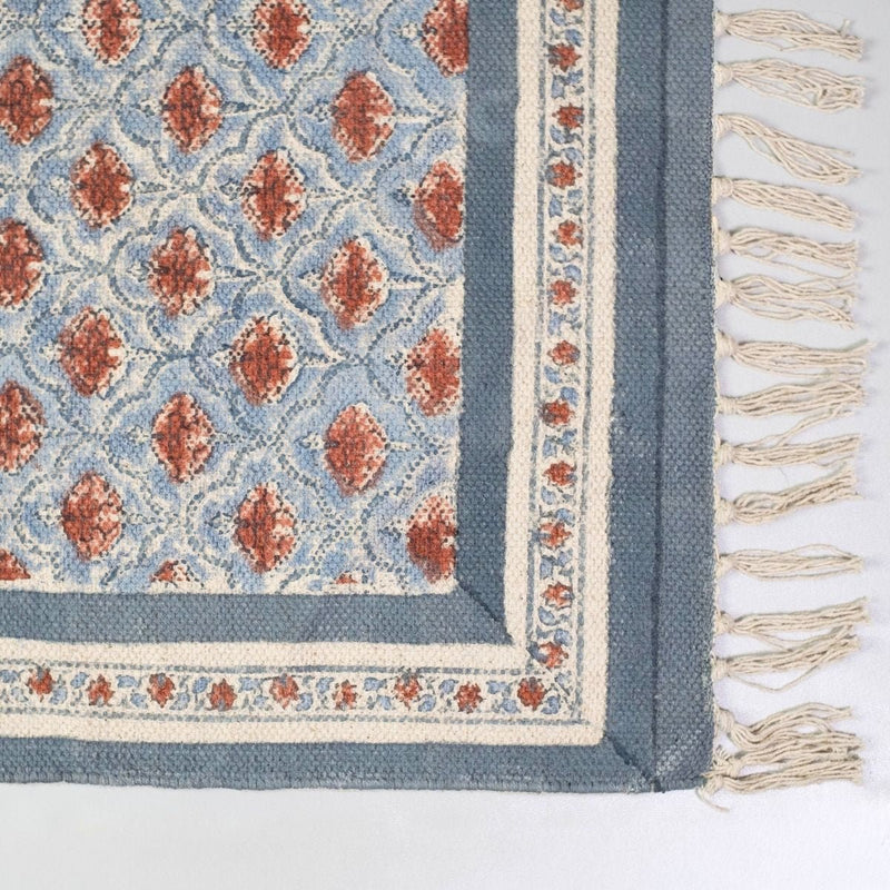 Cotton Floor Rug hand block printed in Blue and Dusty Pink Colours with a Floral Design for Living Room and Bedroom| Soft Washable Area Rug