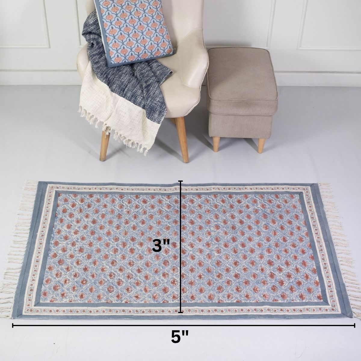 Cotton Floor Rug hand block printed in Blue and Dusty Pink Colours with a Floral Design for Living Room and Bedroom| Soft Washable Area Rug