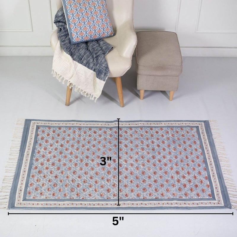 Cotton Floor Rug hand block printed in Blue and Dusty Pink Colours with a Floral Design for Living Room and Bedroom| Soft Washable Area Rug