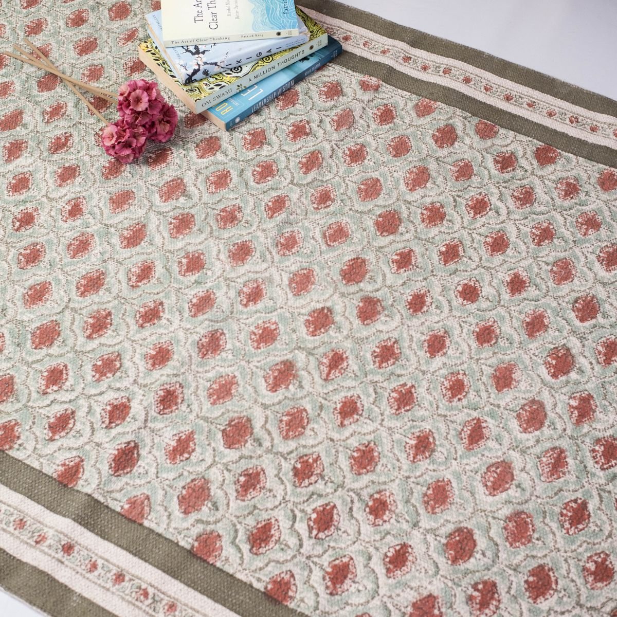 Cotton Floor Rug hand block printed in Green and Dusty Pink Colours with a Floral Design for Living Room and Bedroom| Soft Washable Area Rug