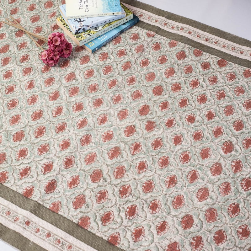 Cotton Floor Rug hand block printed in Green and Dusty Pink Colours with a Floral Design for Living Room and Bedroom| Soft Washable Area Rug
