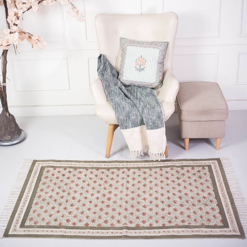 Cotton Floor Rug hand block printed in Green and Dusty Pink Colours with a Floral Design for Living Room and Bedroom| Soft Washable Area Rug