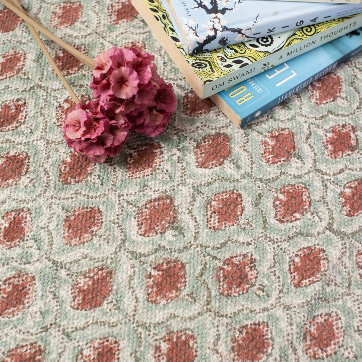 Cotton Floor Rug hand block printed in Green and Dusty Pink Colours with a Floral Design for Living Room and Bedroom| Soft Washable Area Rug