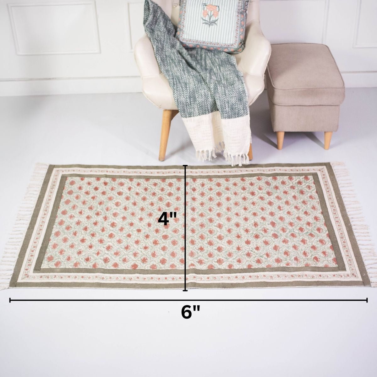 Cotton Floor Rug hand block printed in Green and Dusty Pink Colours with a Floral Design for Living Room and Bedroom| Soft Washable Area Rug