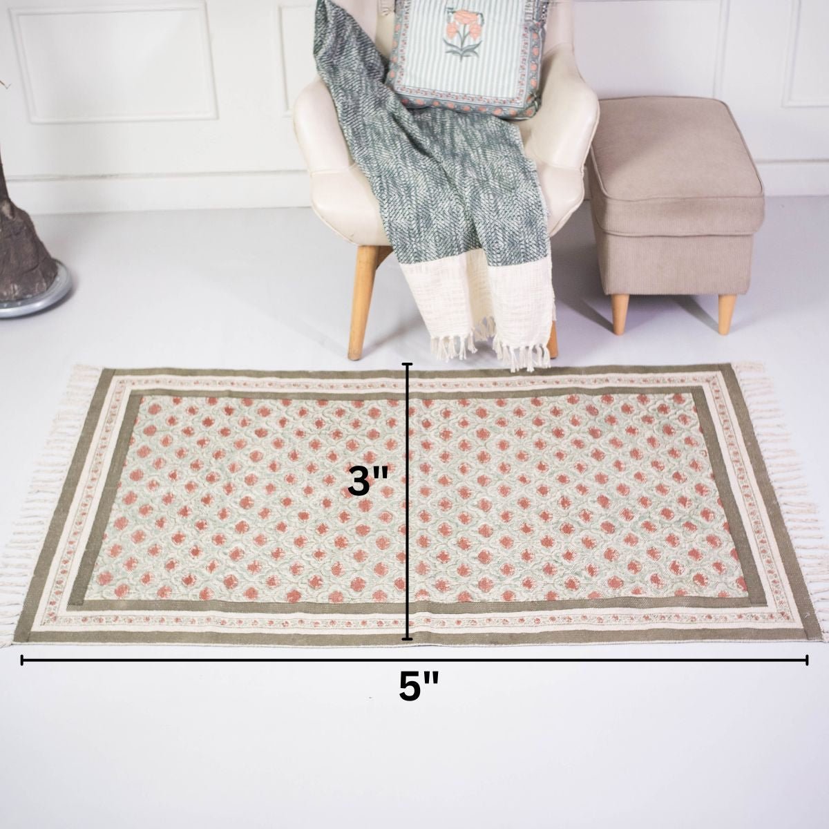 Cotton Floor Rug hand block printed in Green and Dusty Pink Colours with a Floral Design for Living Room and Bedroom| Soft Washable Area Rug