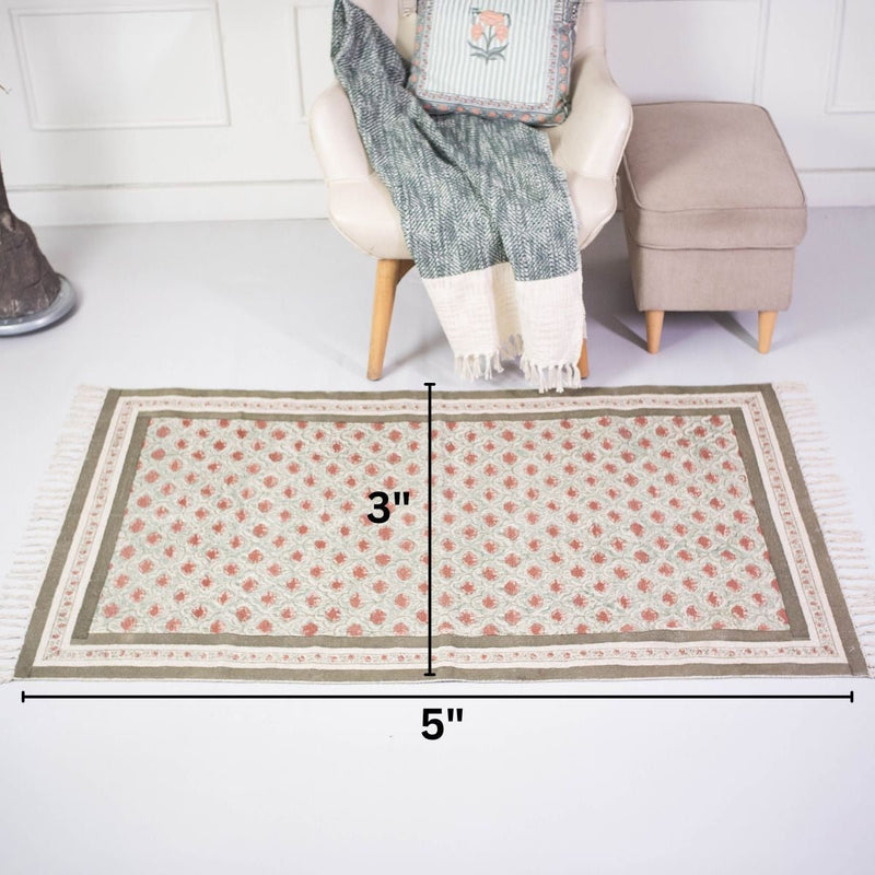 Cotton Floor Rug hand block printed in Green and Dusty Pink Colours with a Floral Design for Living Room and Bedroom| Soft Washable Area Rug