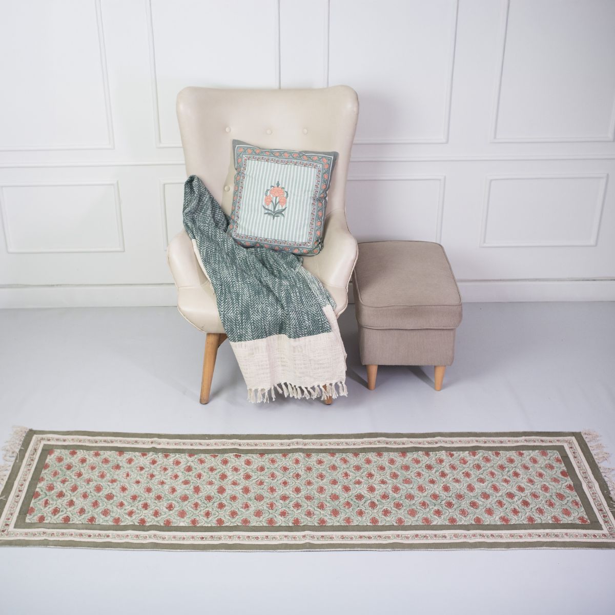 Cotton Floor Rug hand block printed in Green and Dusty Pink Colours with a Floral Design for Living Room and Bedroom| Soft Washable Area Rug