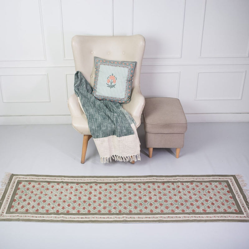 Cotton Floor Rug hand block printed in Green and Dusty Pink Colours with a Floral Design for Living Room and Bedroom| Soft Washable Area Rug